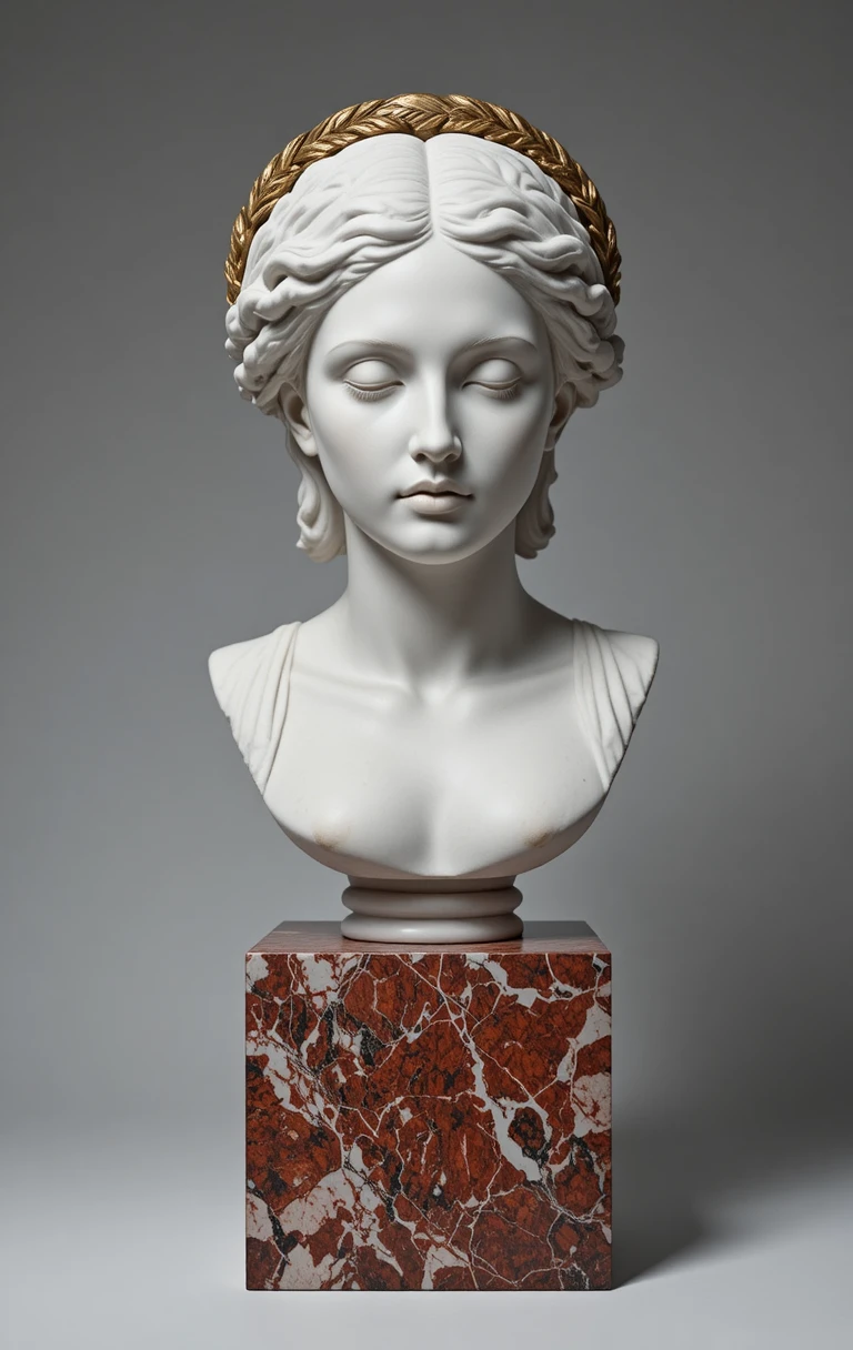 Classical marble bust of a serene woman with laurel wreath