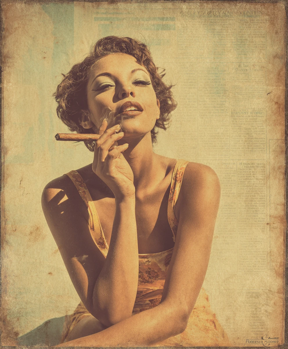 Playful vintage pin up woman smoking a cigar poster