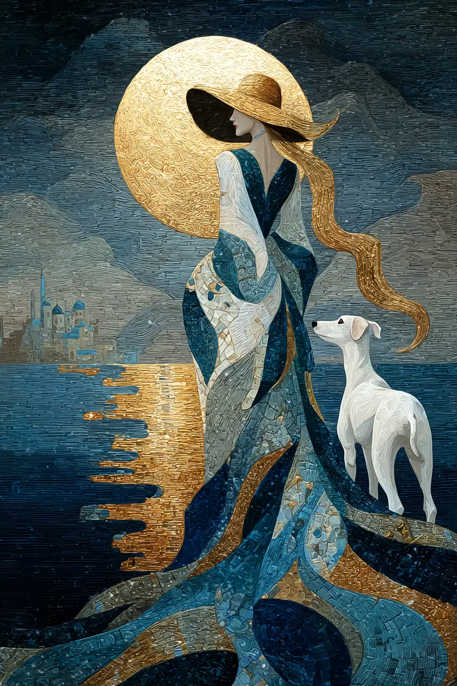 Elegante Frau und Windhund unter leuchtendem Vollmond