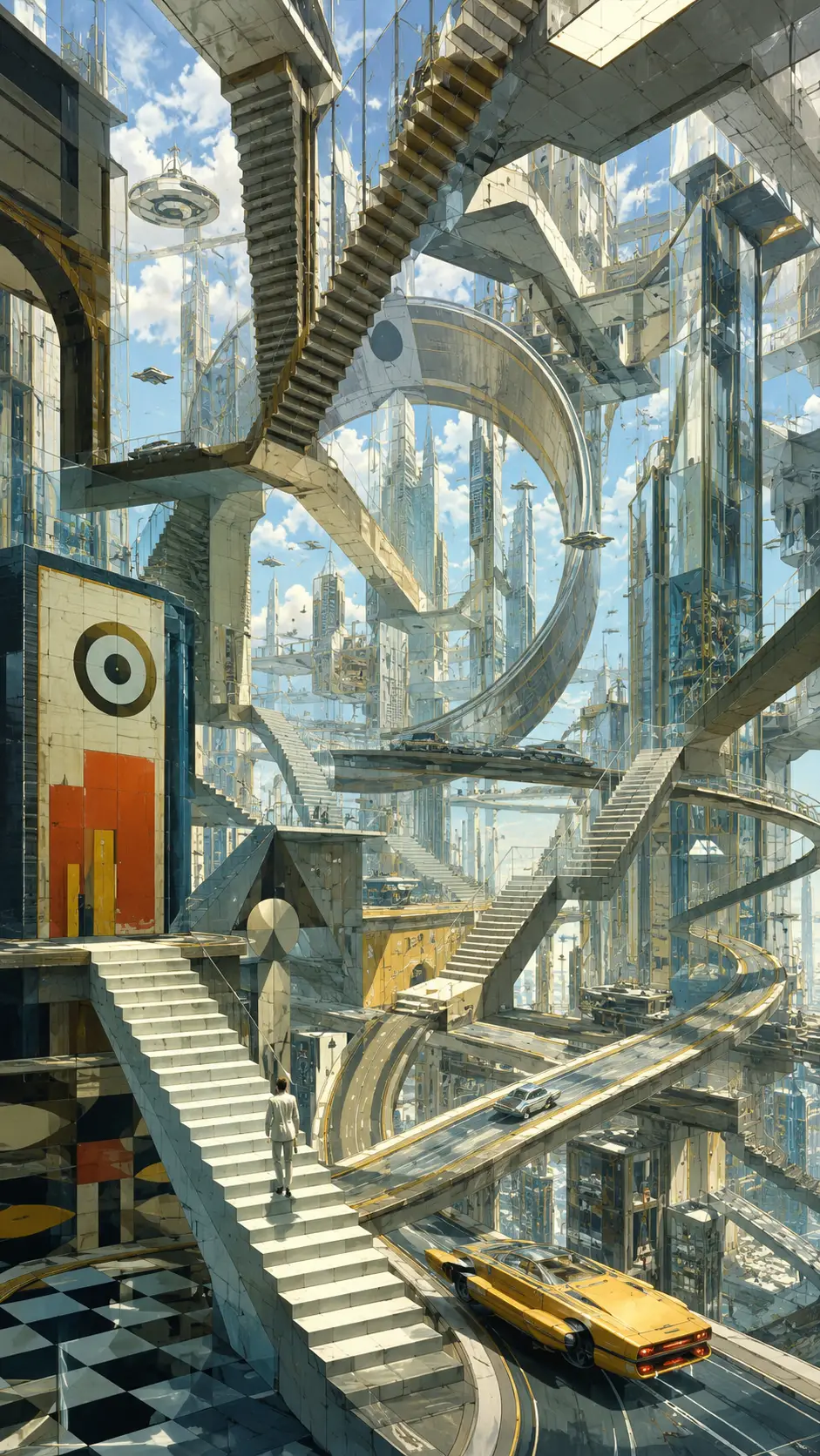 Endless futuristic city of looping chrome highways and stairs