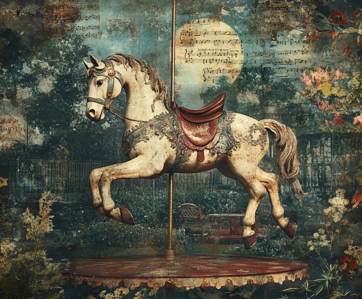 Antique carousel horse in a moonlit overgrown garden