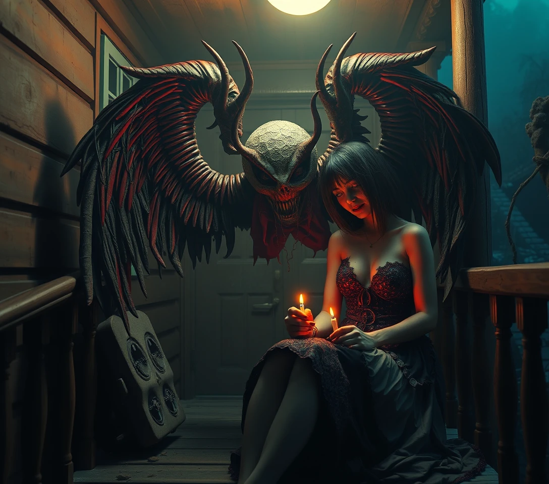 Surreal woman on a porch in eerie cinematic light
