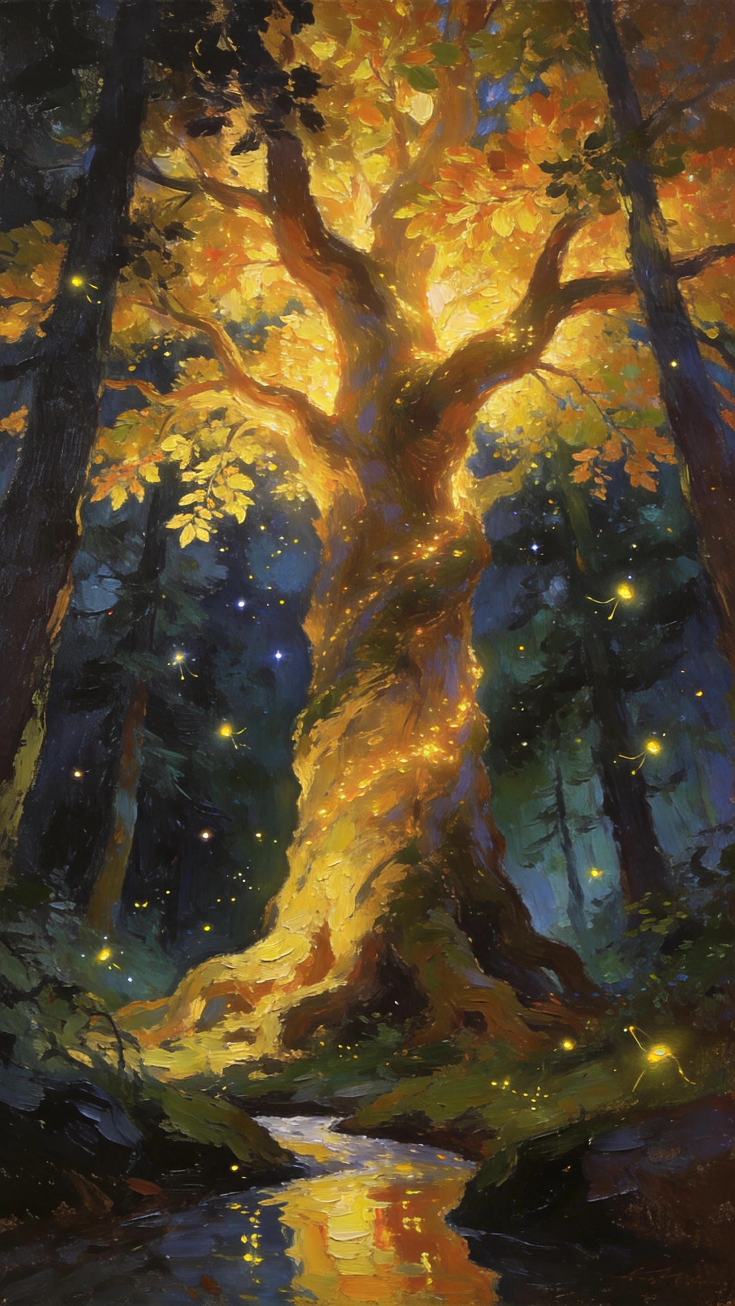 Antiguo árbol luminoso que se alza en un bosque místico