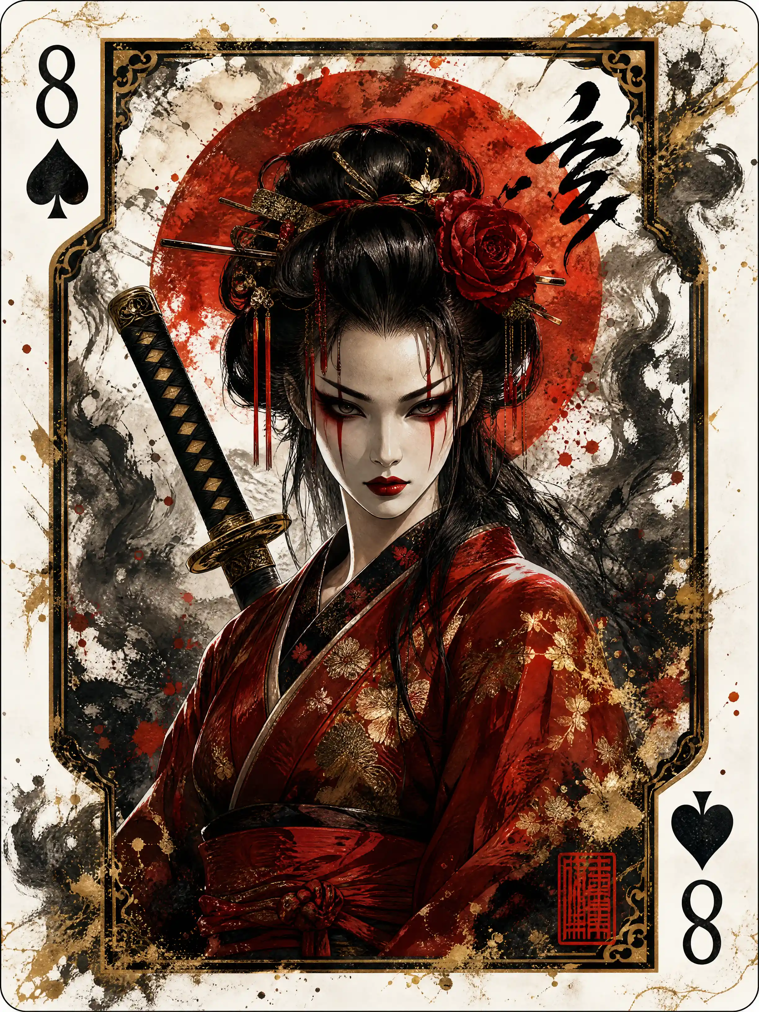 Japanese geisha warrior in red kimono within playing card frame