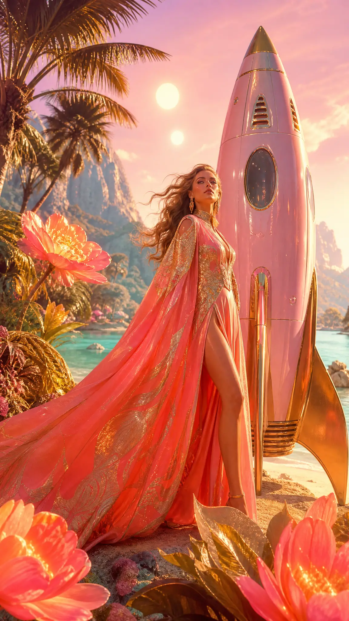 Fashion model with retro rocket on surreal jungle beach