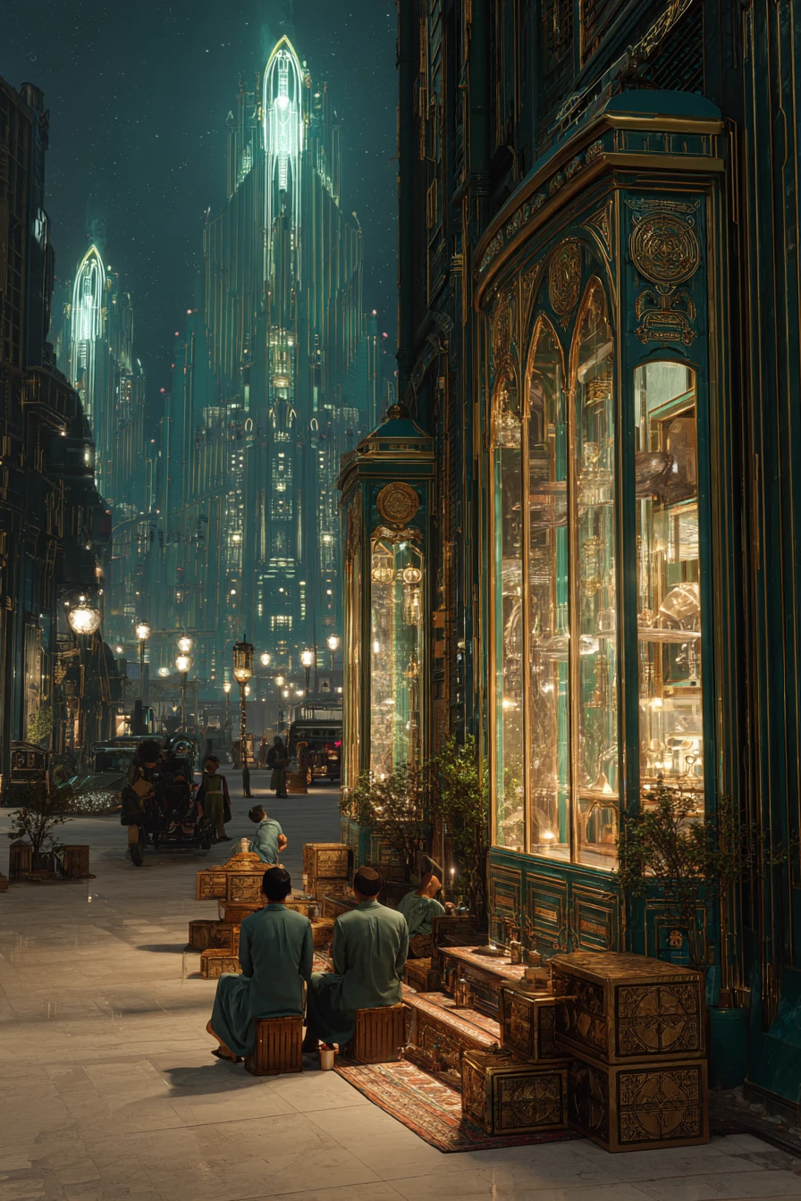 Three boys resting by a golden storefront in a futuristic city