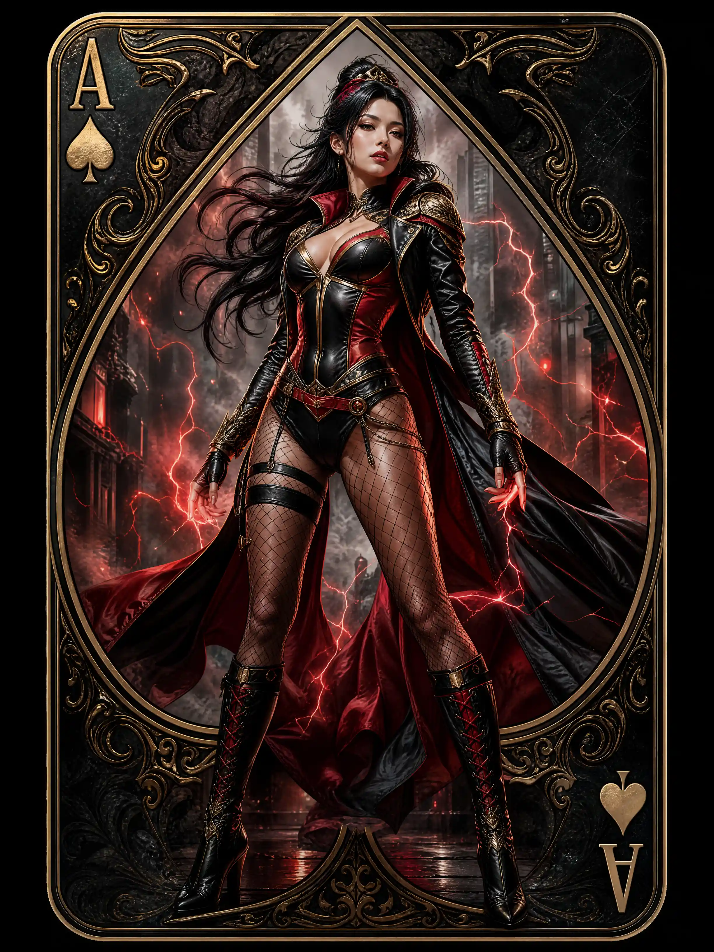 Epic warrior woman within ornate ace of spades frame