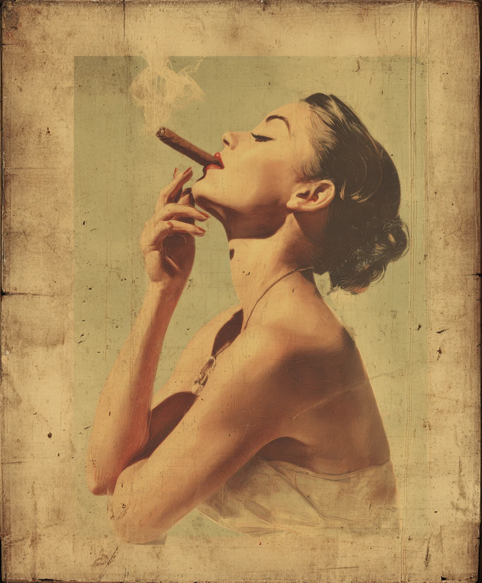 Retro pin up woman smoking a cigar on vintage poster