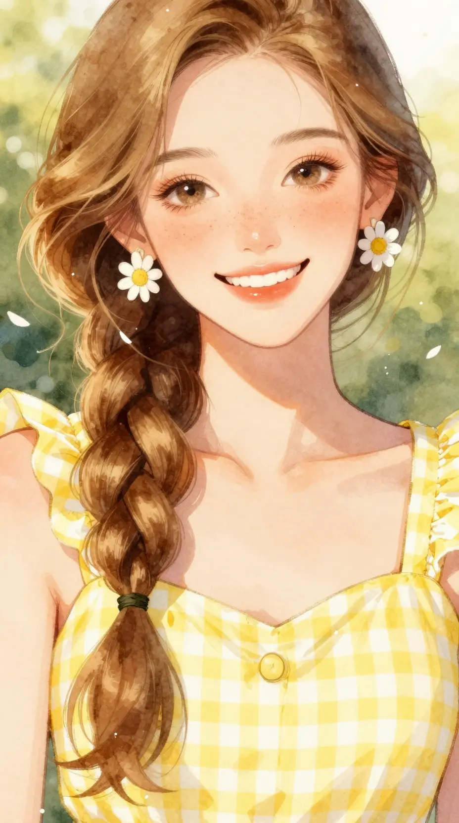 Watercolor close up woman in yellow summer dress