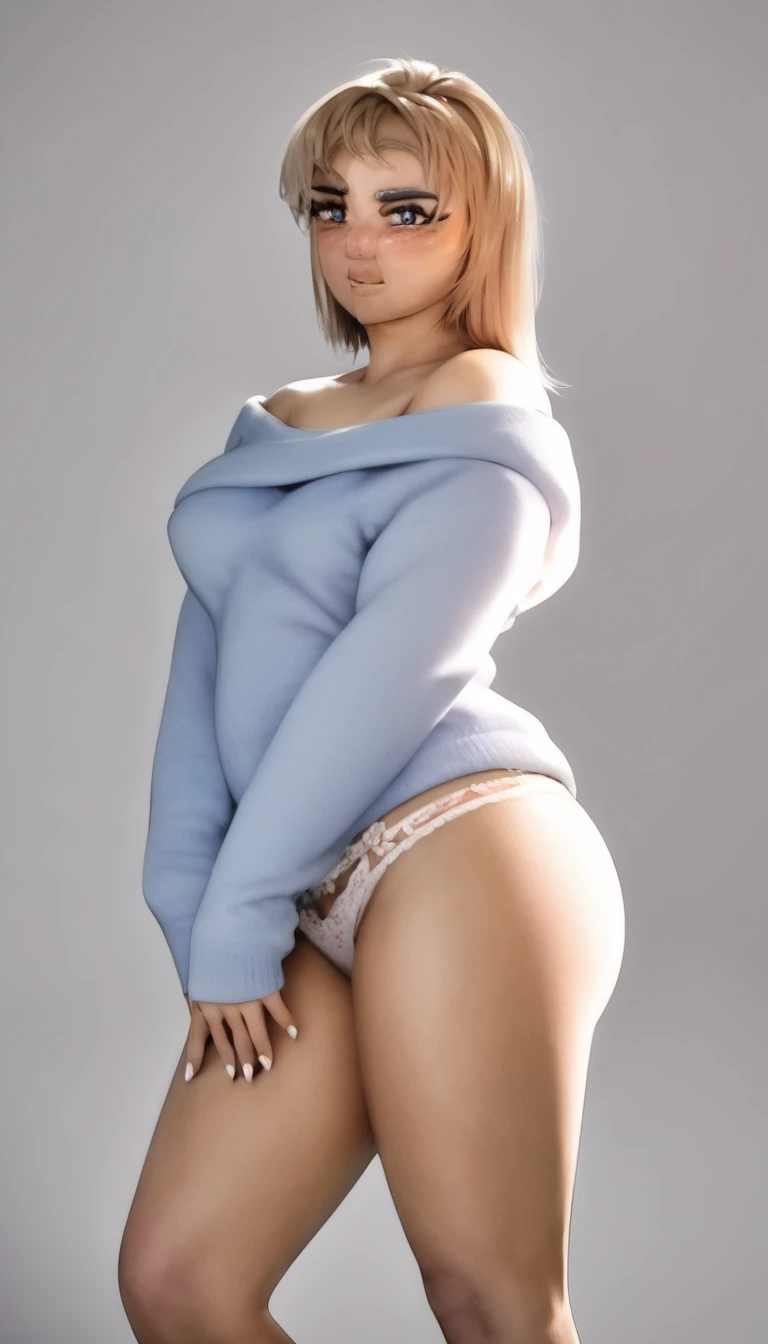 Young brunette woman in gray sweater and white panties