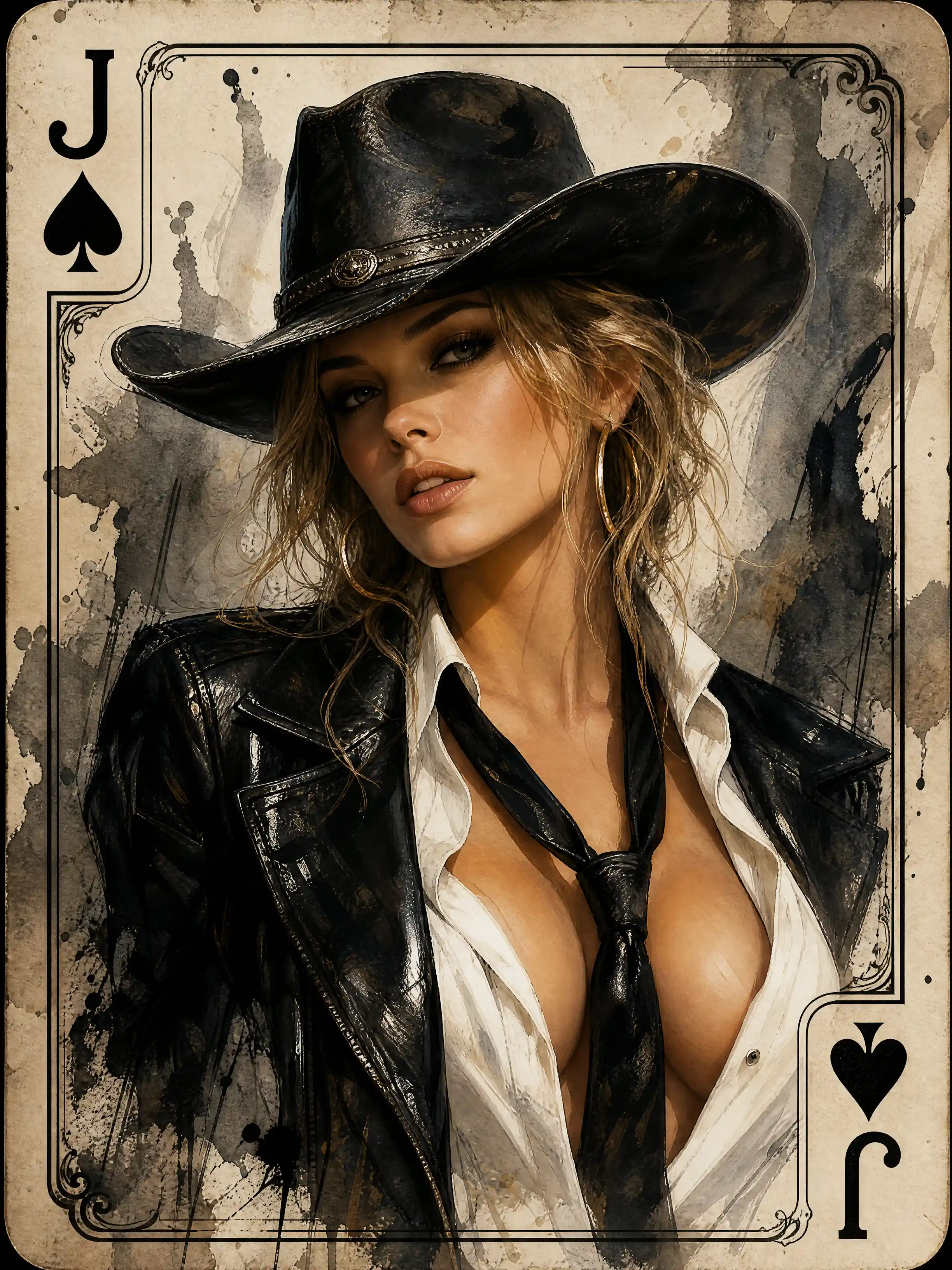 Stylish blonde woman in black hat and leather jacket