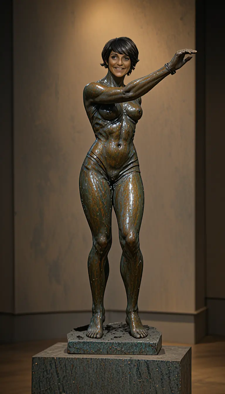 Bronze sculpture of athletic woman running on stone base