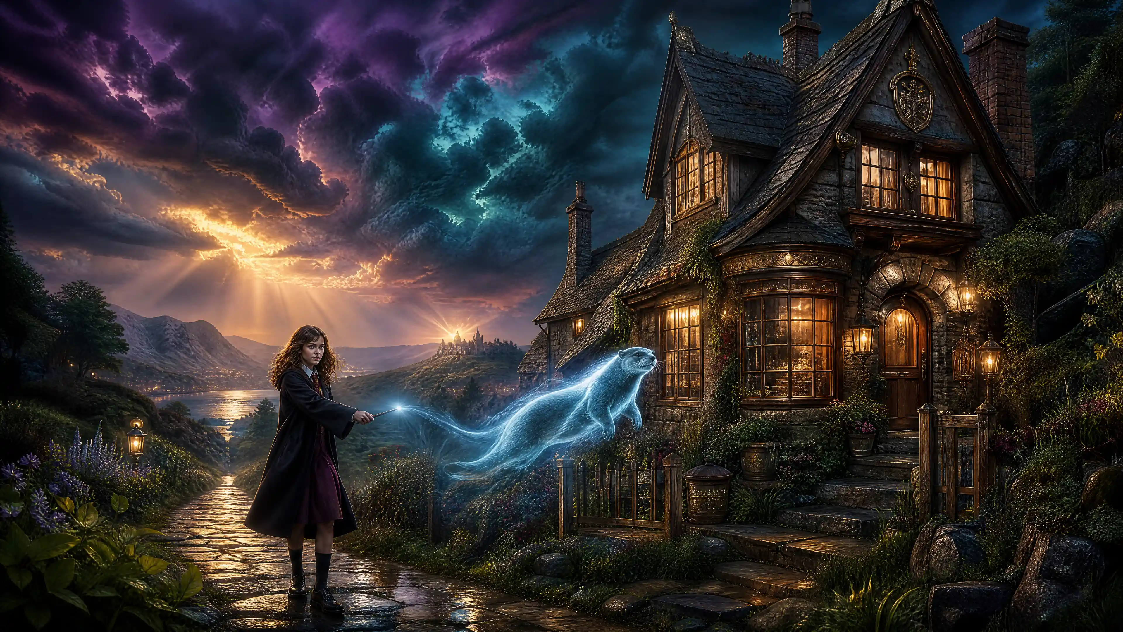 Magical English cottage under stormy fantasy skies