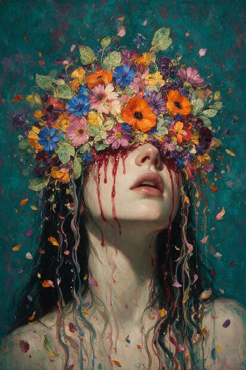 Woman portrait with wildflower crown and crimson tears