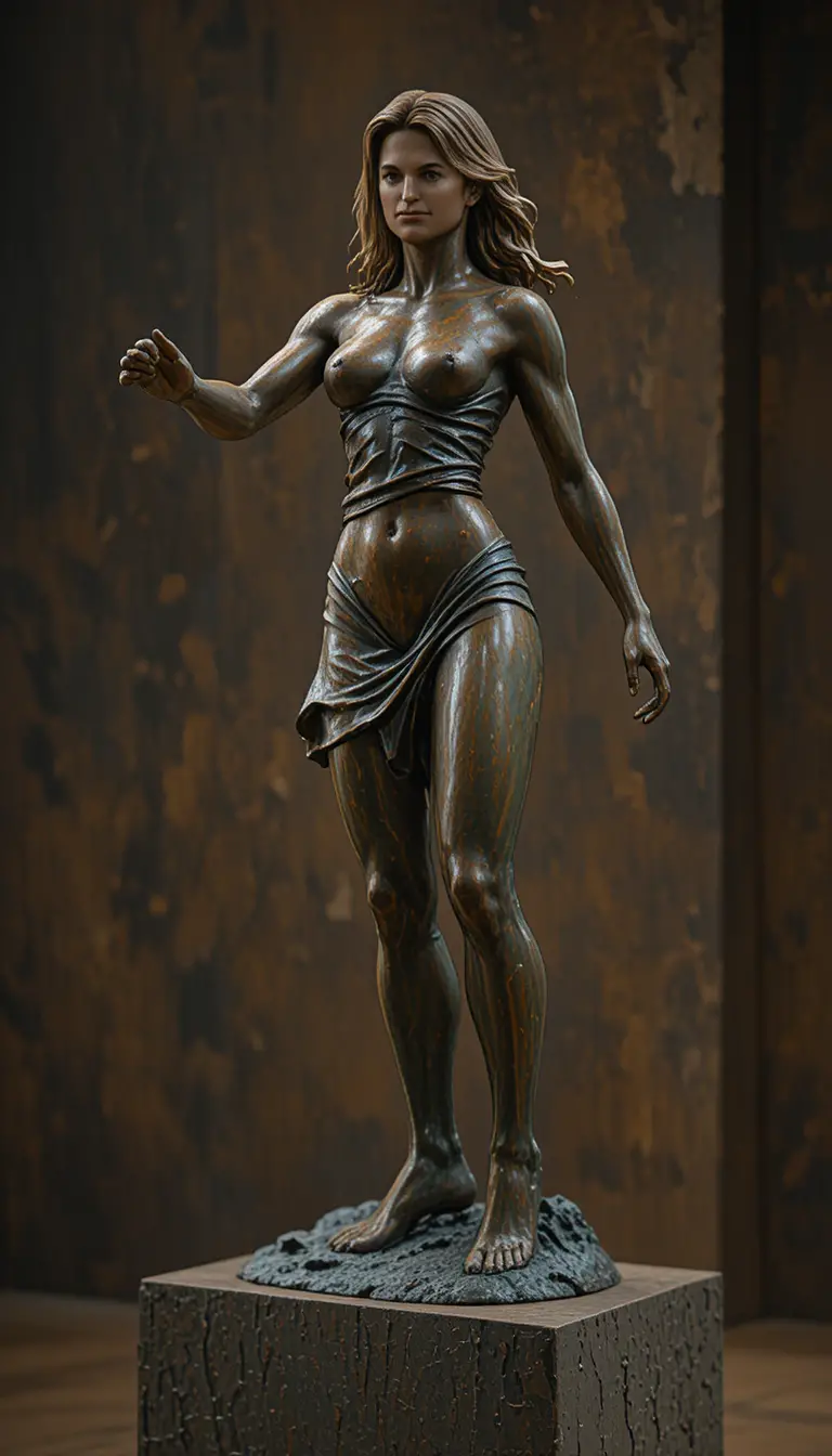 Bronze sculpture of a running athletic woman in motion