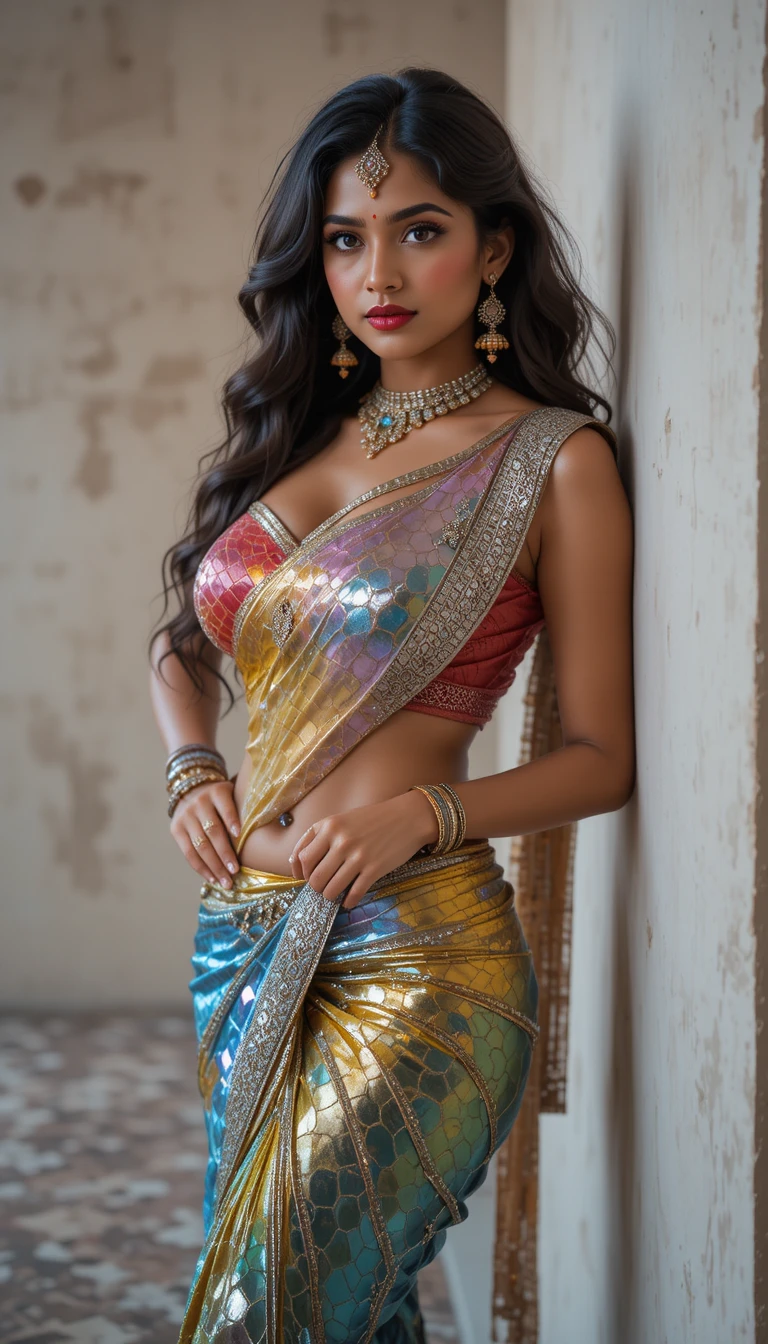 Indian woman in reflective saree posing in rustic interior
