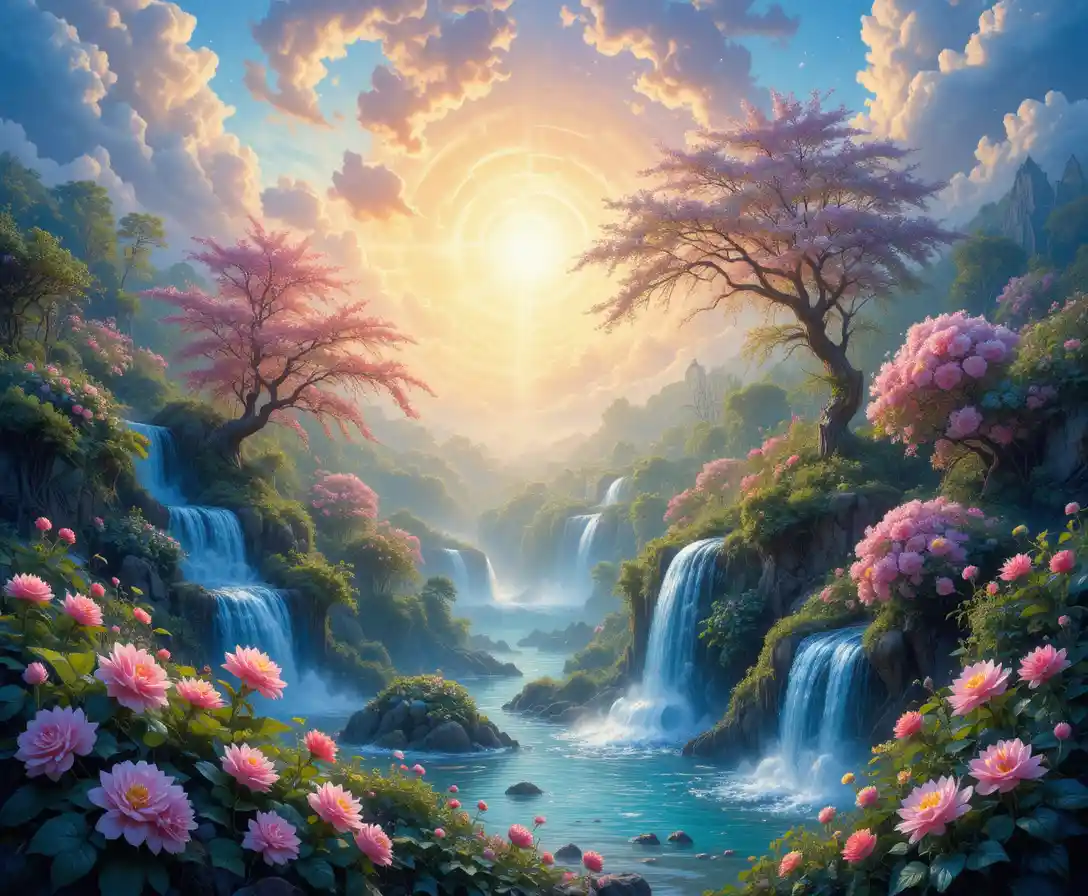 Dreamlike fantasy forest with glowing waterfalls and creatures