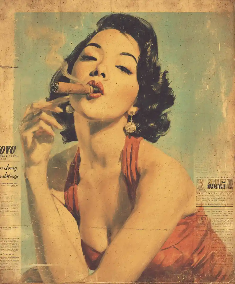 Playful vintage pin up woman smoking a cigar poster