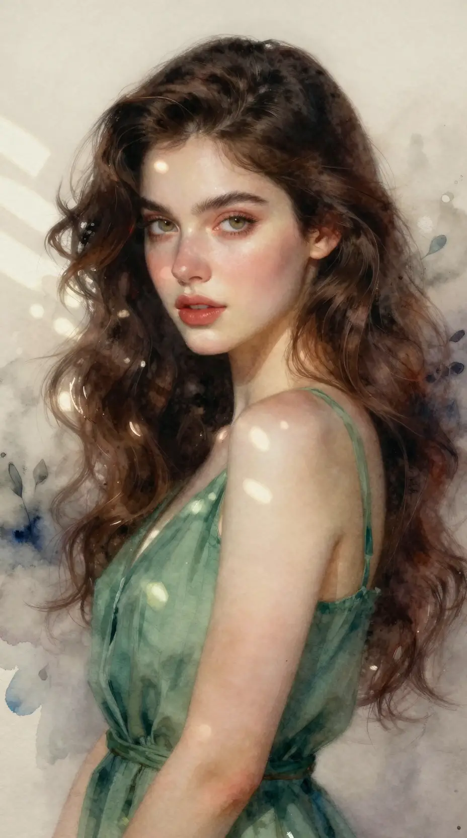 Watercolor portrait of a young woman in green linen dress