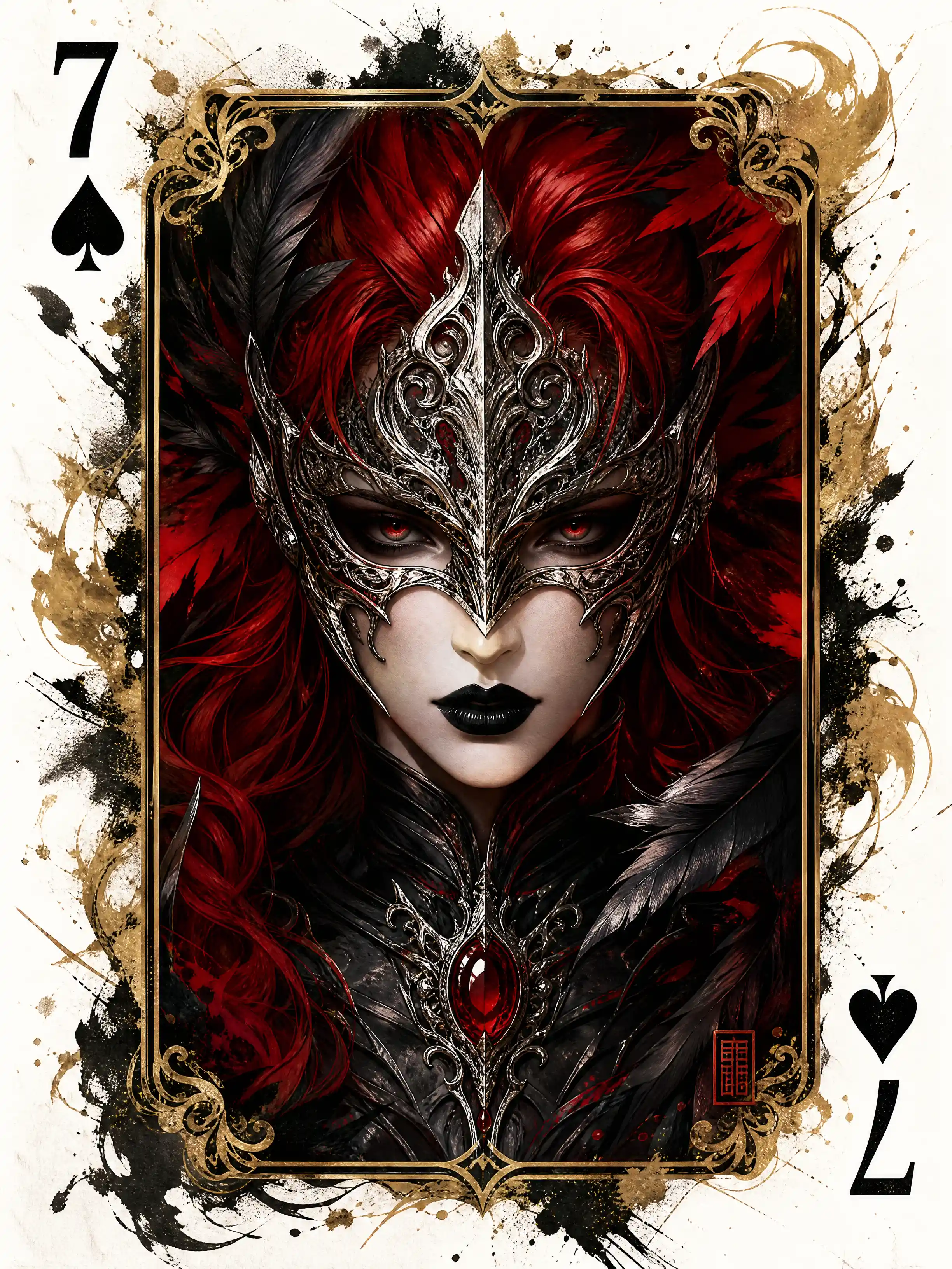 Masked red eyed fantasy woman within seven of spades card
