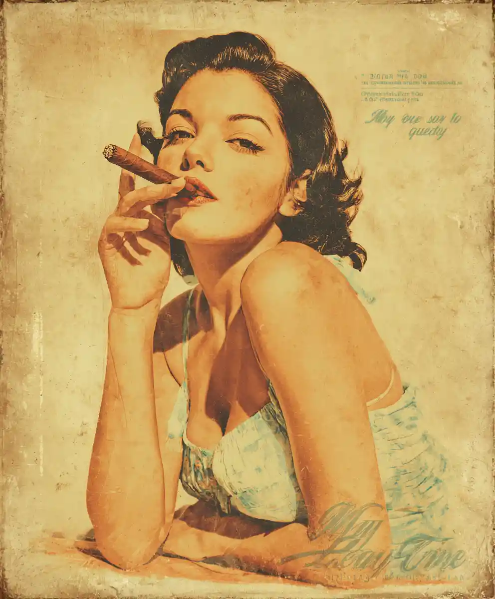 Playful vintage woman smoking a cigar in retro poster art