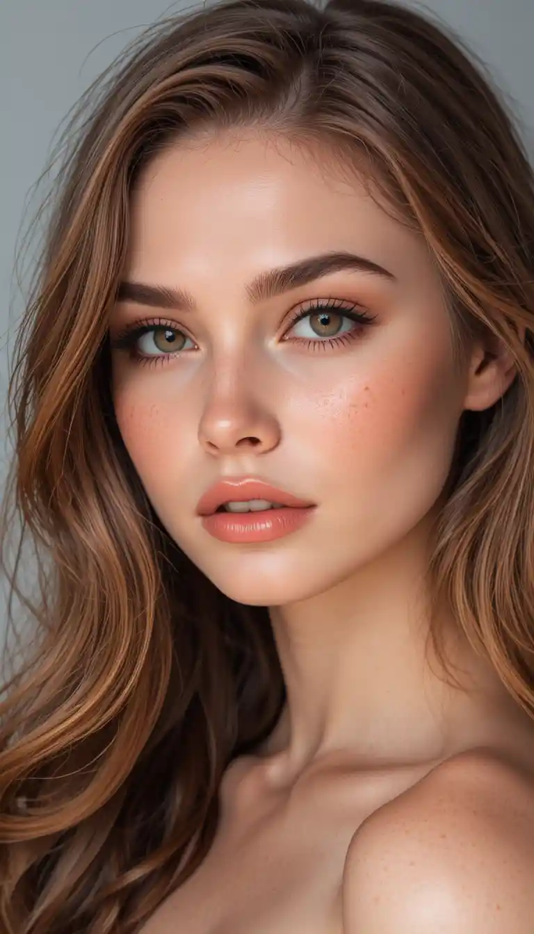 Close up portrait of a woman with wavy chestnut hair