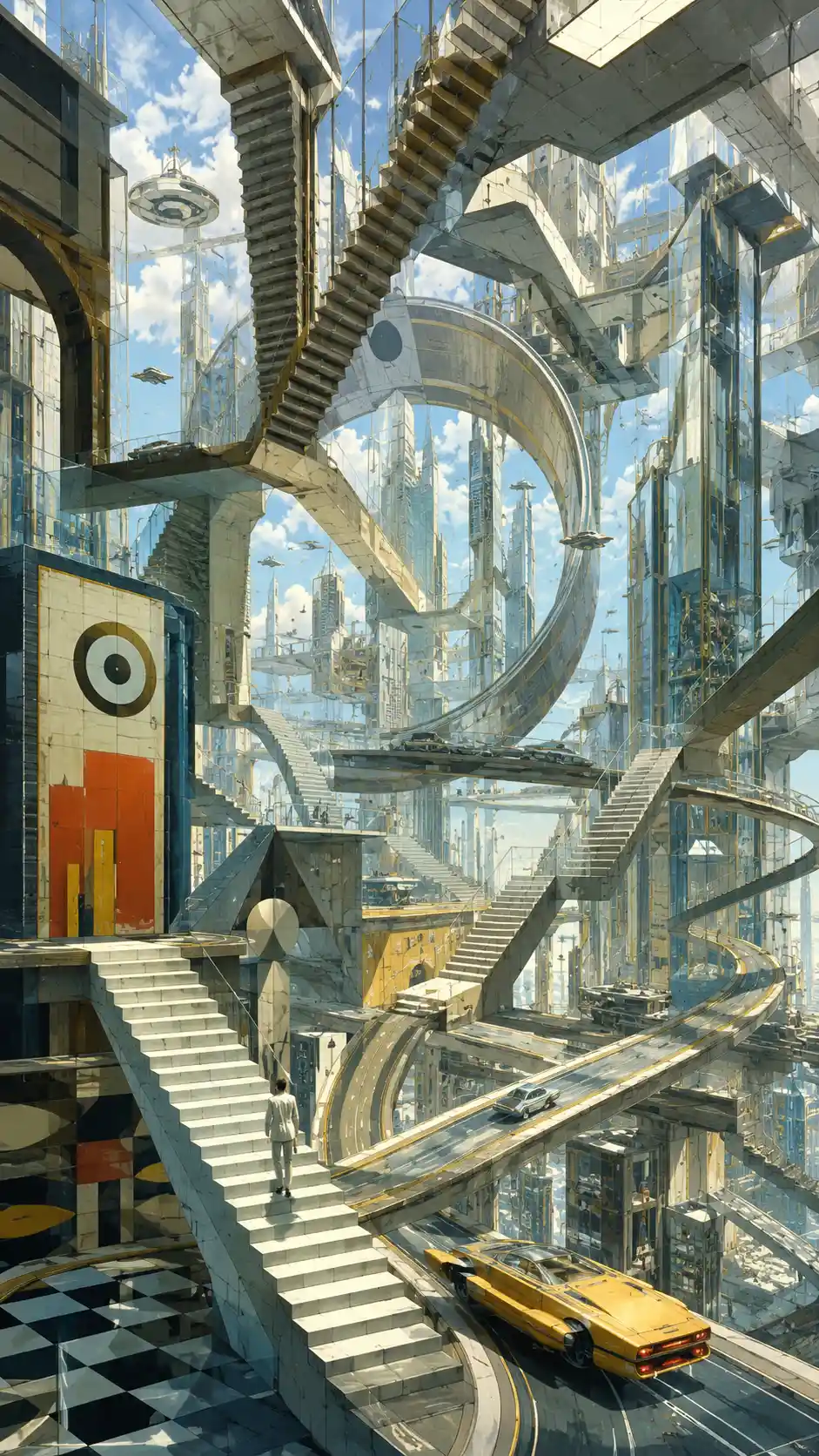 Endless futuristic city of looping chrome highways and stairs