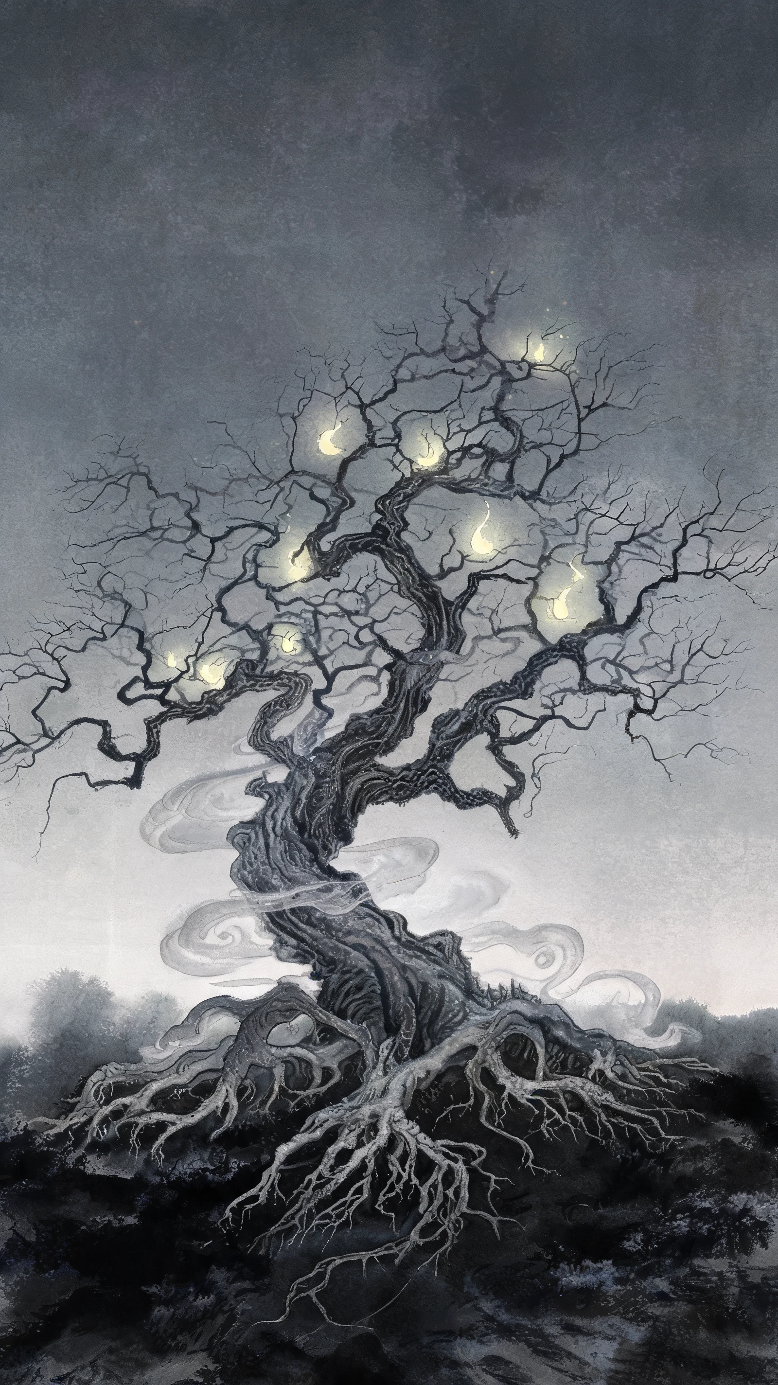 Ancient gnarled tree in mist with eerie glowing lights