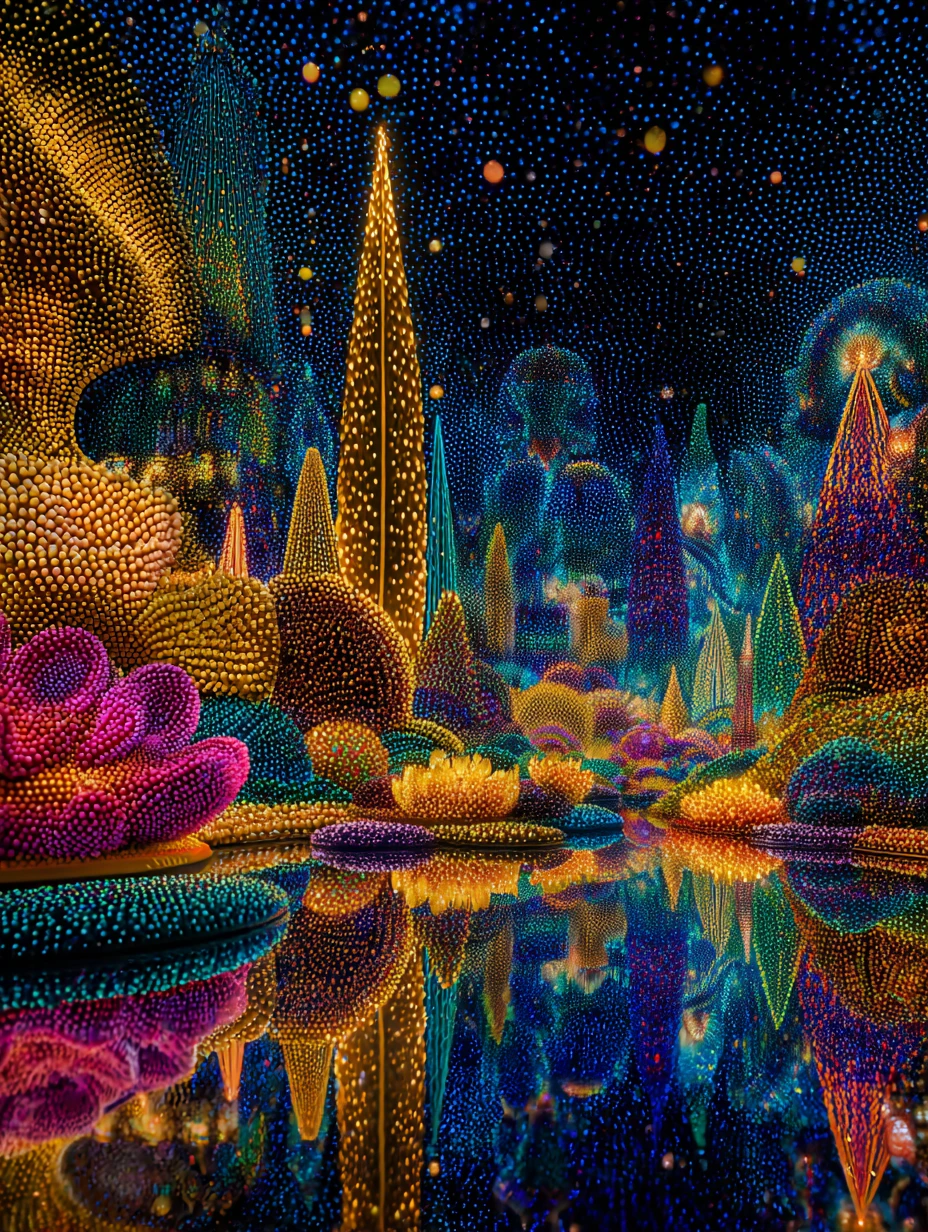 Paisaje Lite Brite simétrico con clavijas luminosas de lunares
