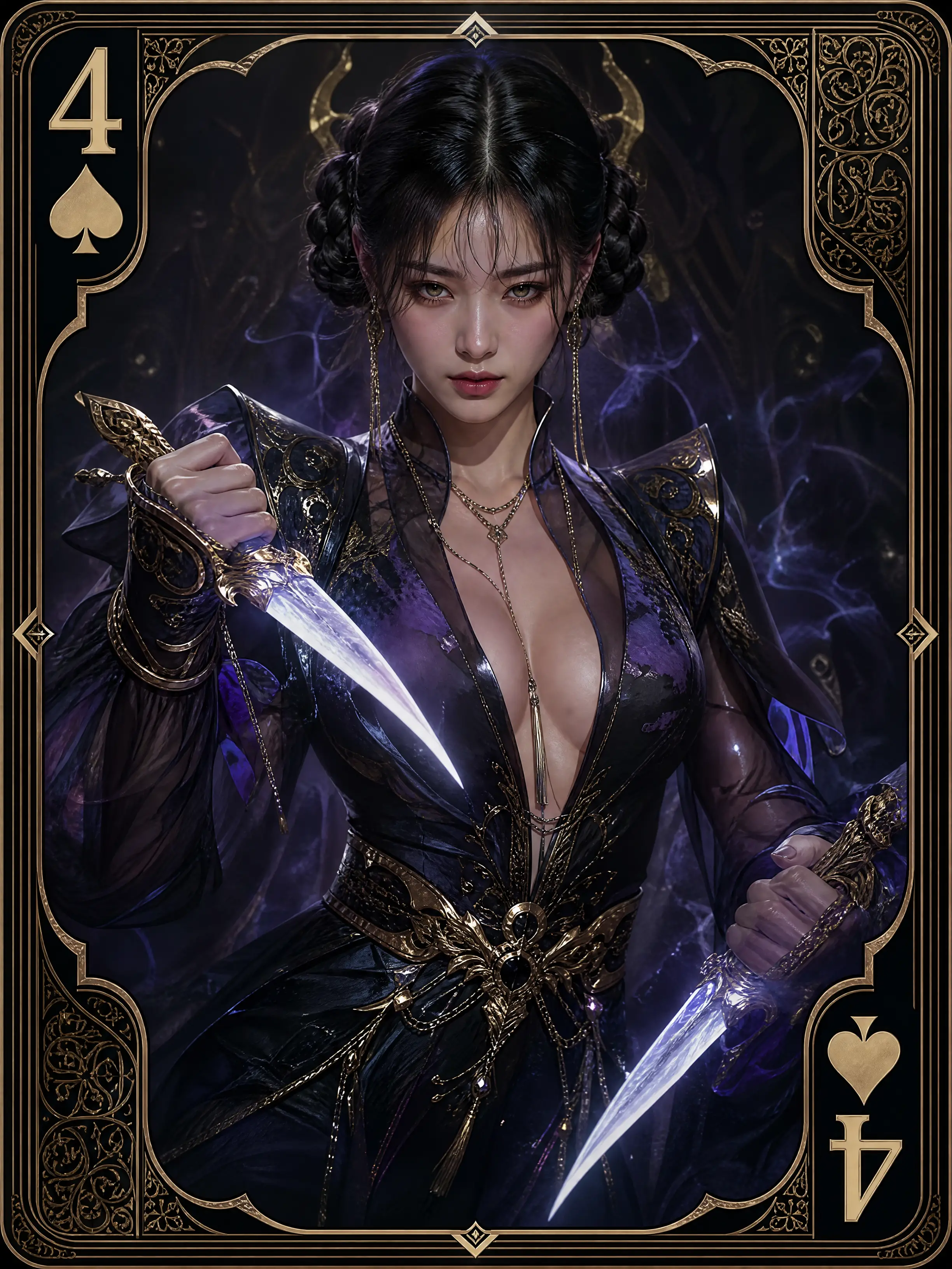 Sultry fantasy warrior woman within four of spades card