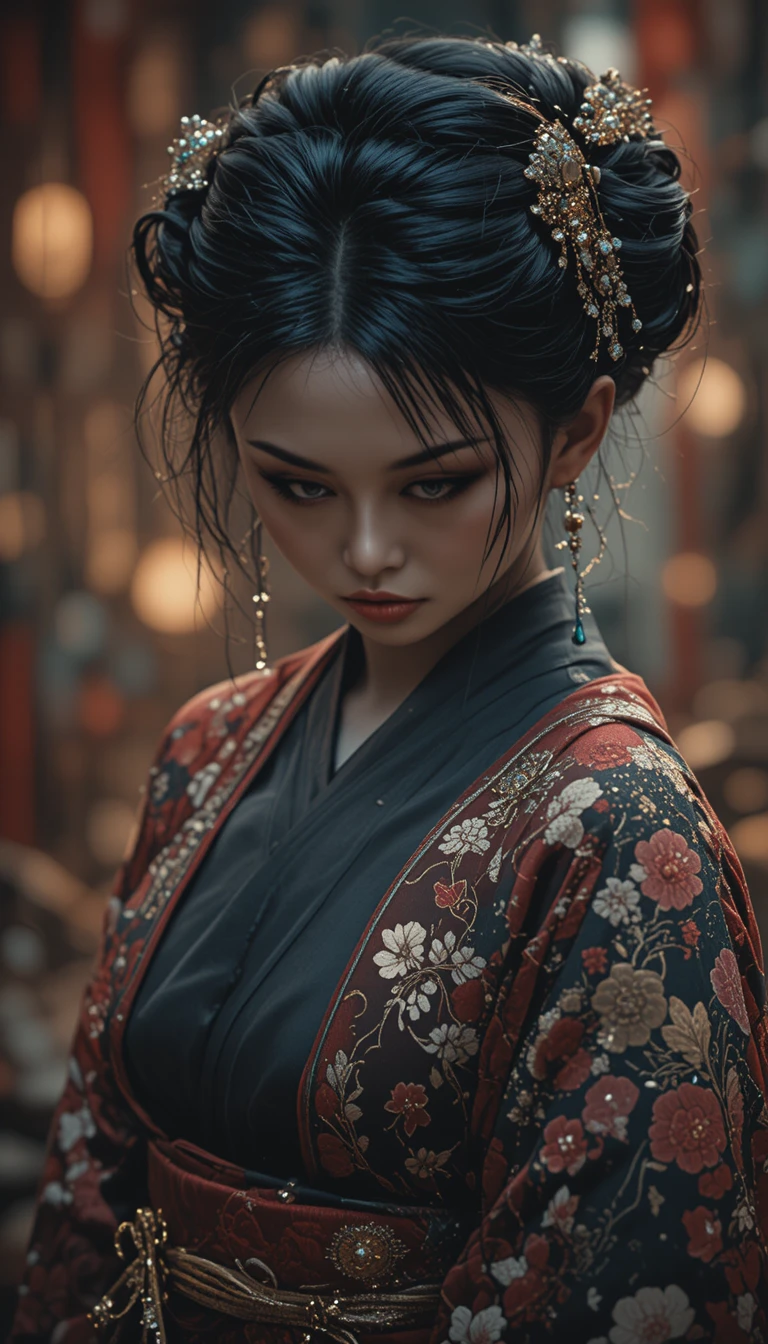 Melancholic East Asian woman in traditional kimono portrait