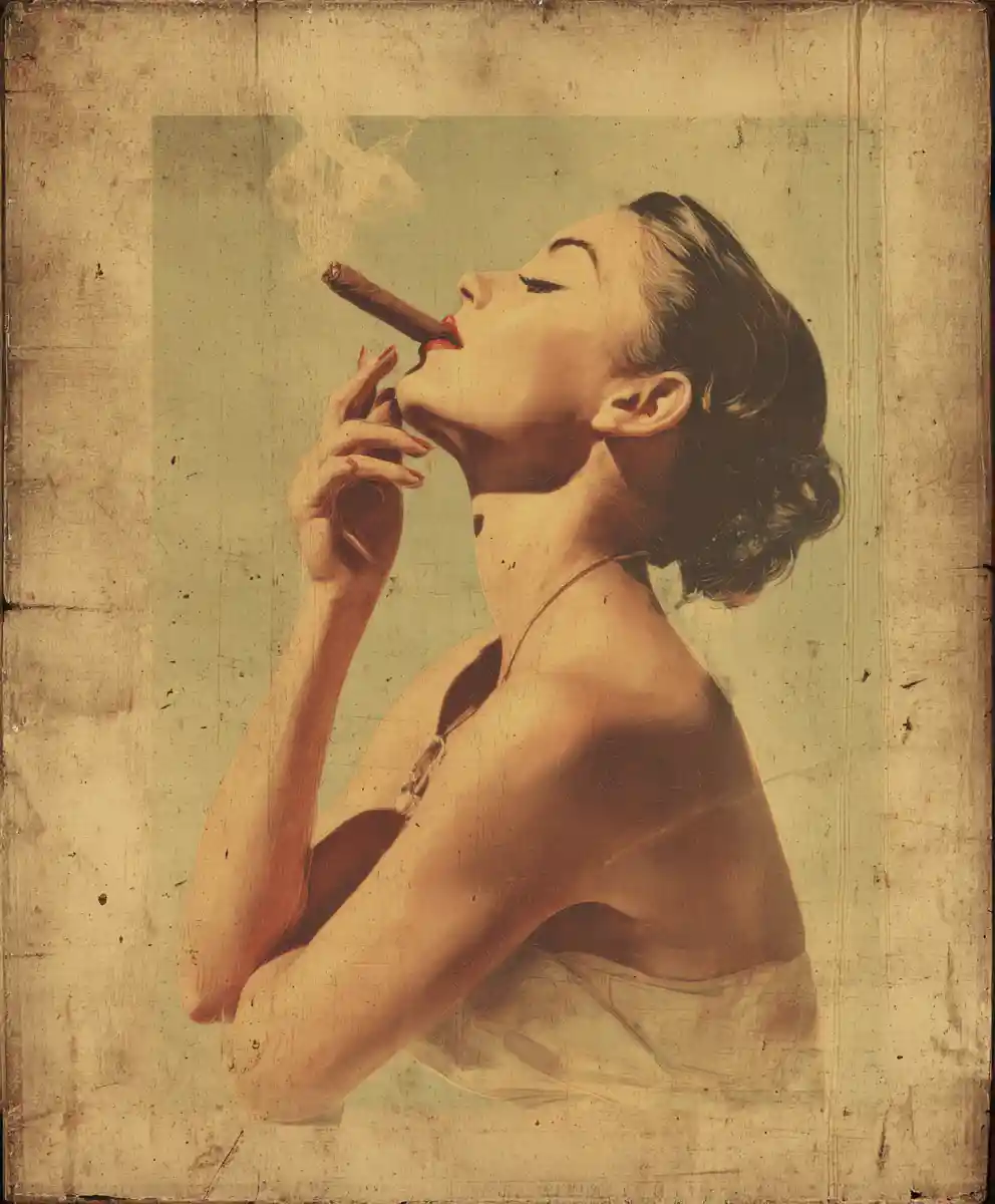 Donna pin up retrò che fuma un sigaro su poster vintage