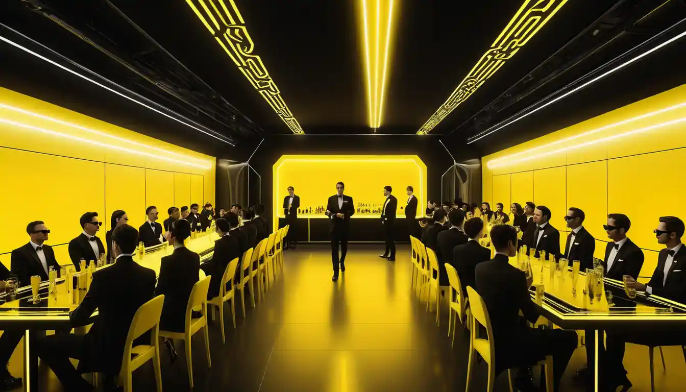Futuristic crowd in black neon wedding attire indoors