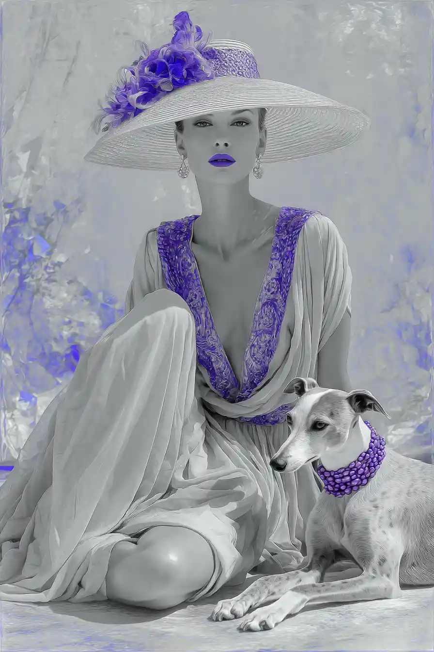 Elegant woman in violet dress with dog on abstract background