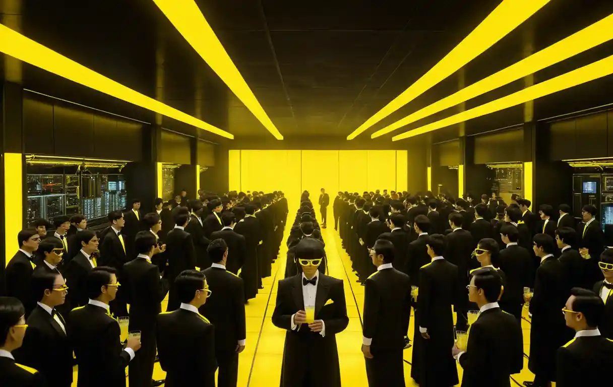 Futuristic crowd in black neon wedding attire indoors