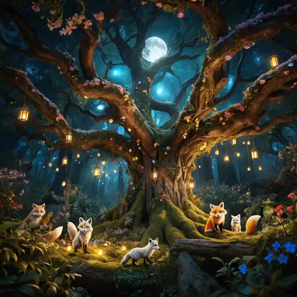 Enchanted White Fox In A Glowing Moonlit Forest