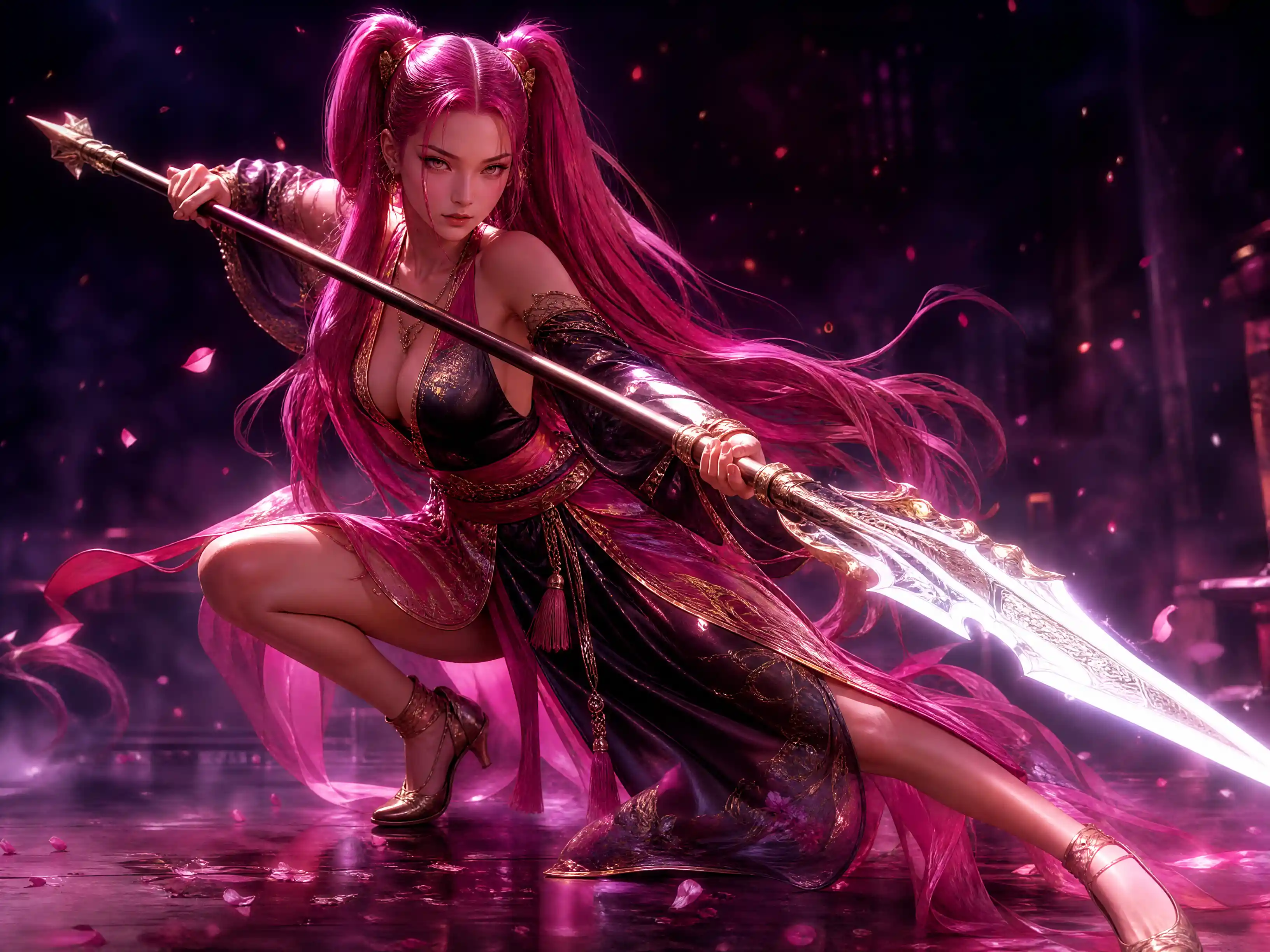 Pink haired spear warrior in dramatic fantasy battle pose