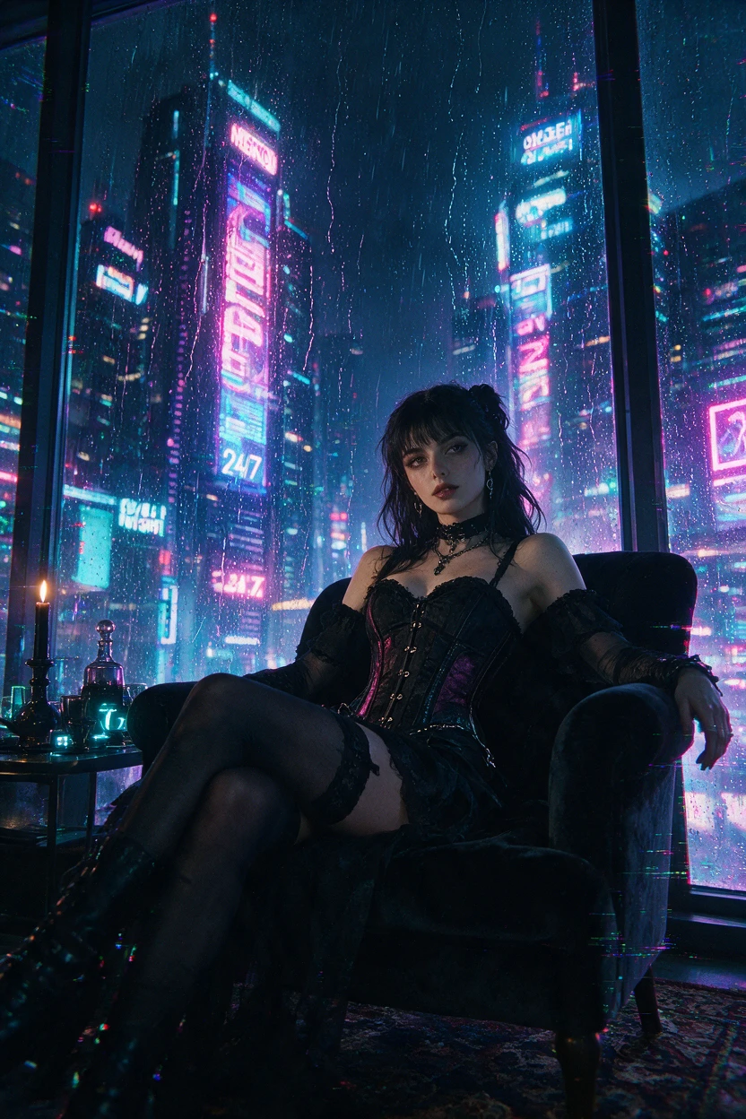 Gothic young woman in corset seated indoors at night