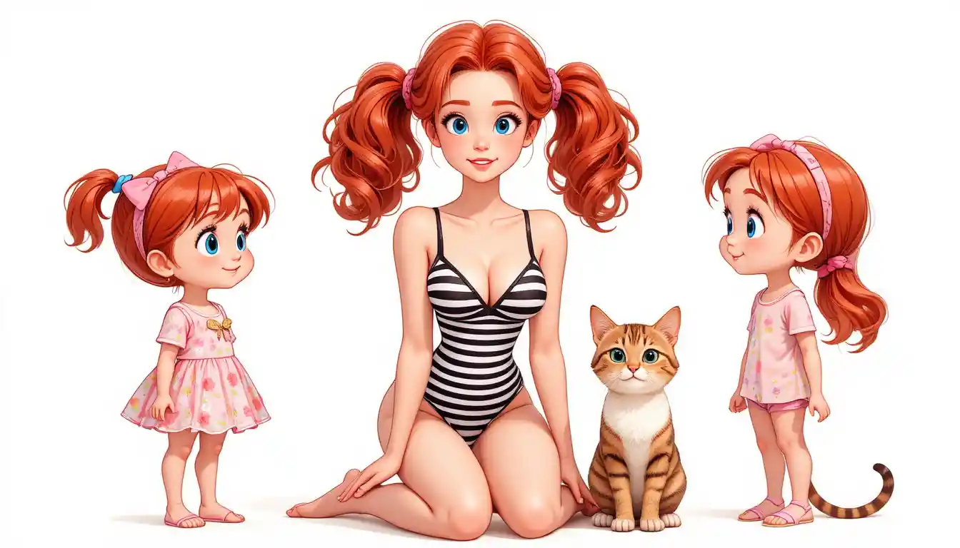 Redhead woman kneeling with two girls and a cat