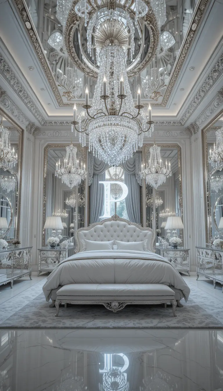 Luxurious crystal bedroom with mirrored walls and chandeliers