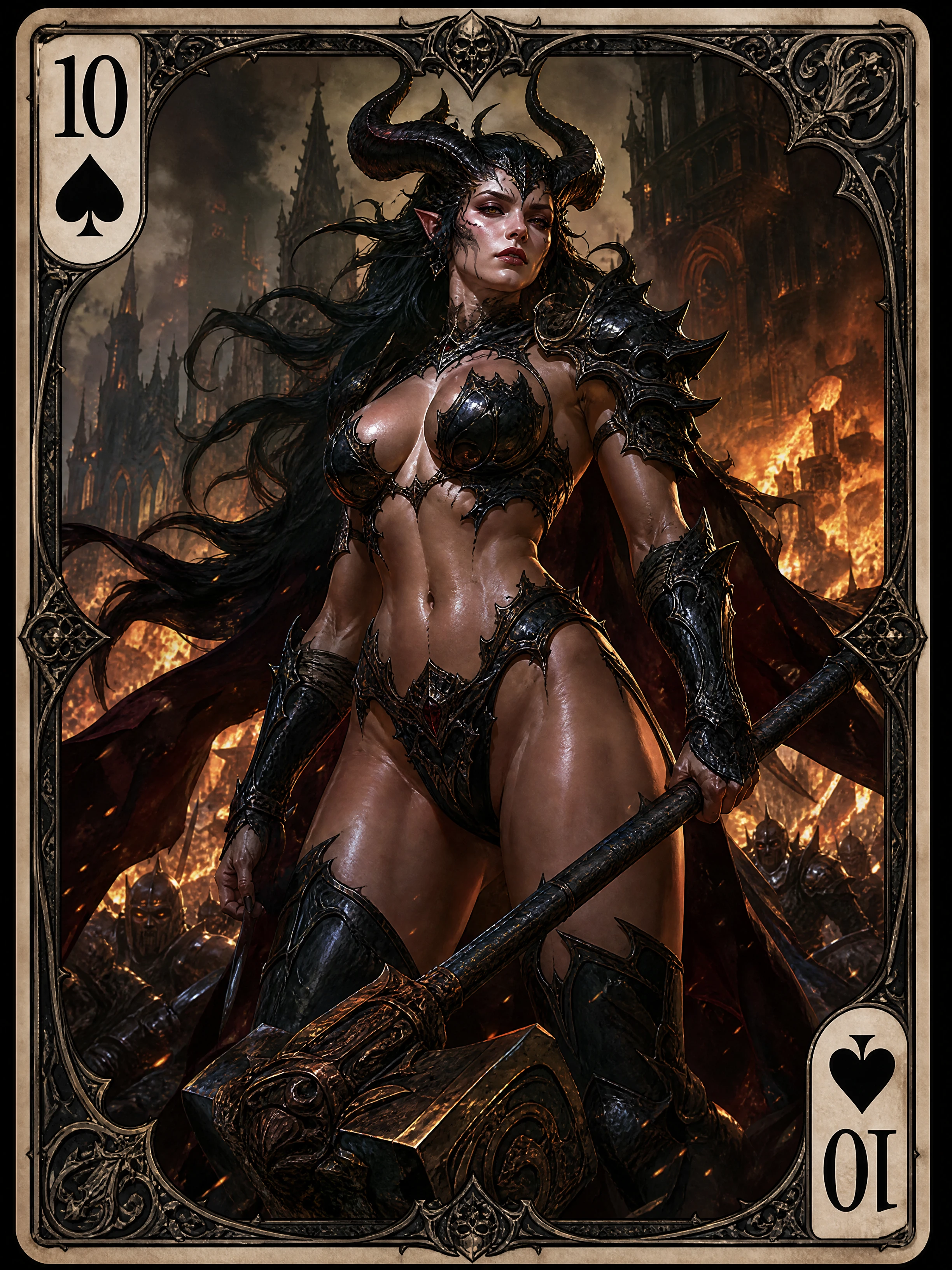 Demon warrior woman within ten of spades battle scene