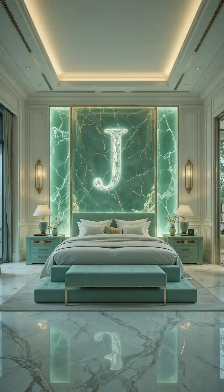 Luxurious jade crystal bedroom with glowing letter decor