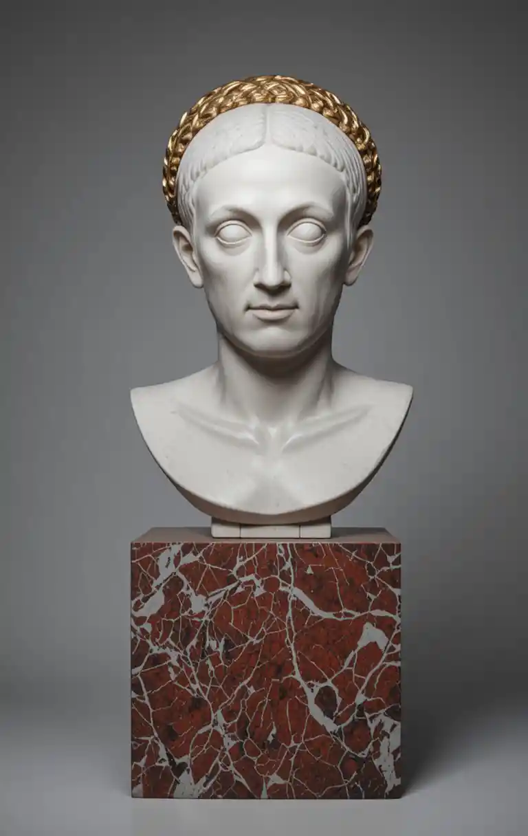 Classical marble bust of a serene woman on red pedestal