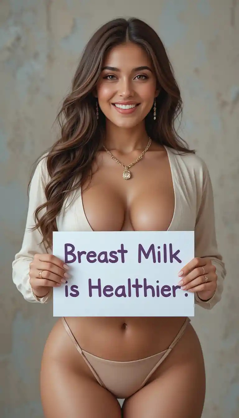 Smiling woman holding a sign about healthy breast milk