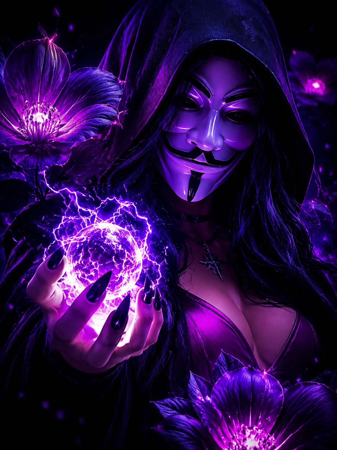 Hooded masked figure holding glowing purple energy orb