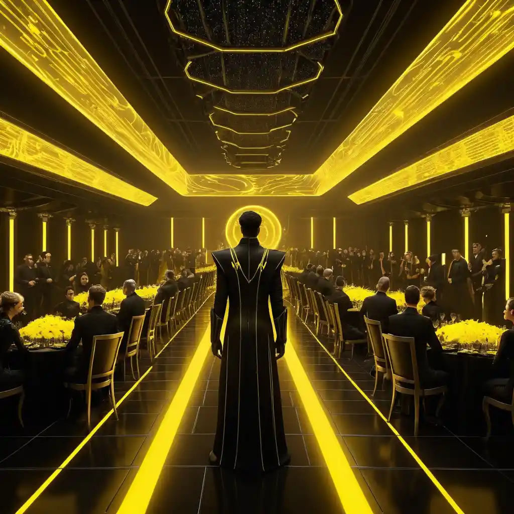 Crowd In Futuristic Black Wedding Attire With Neon Accents
