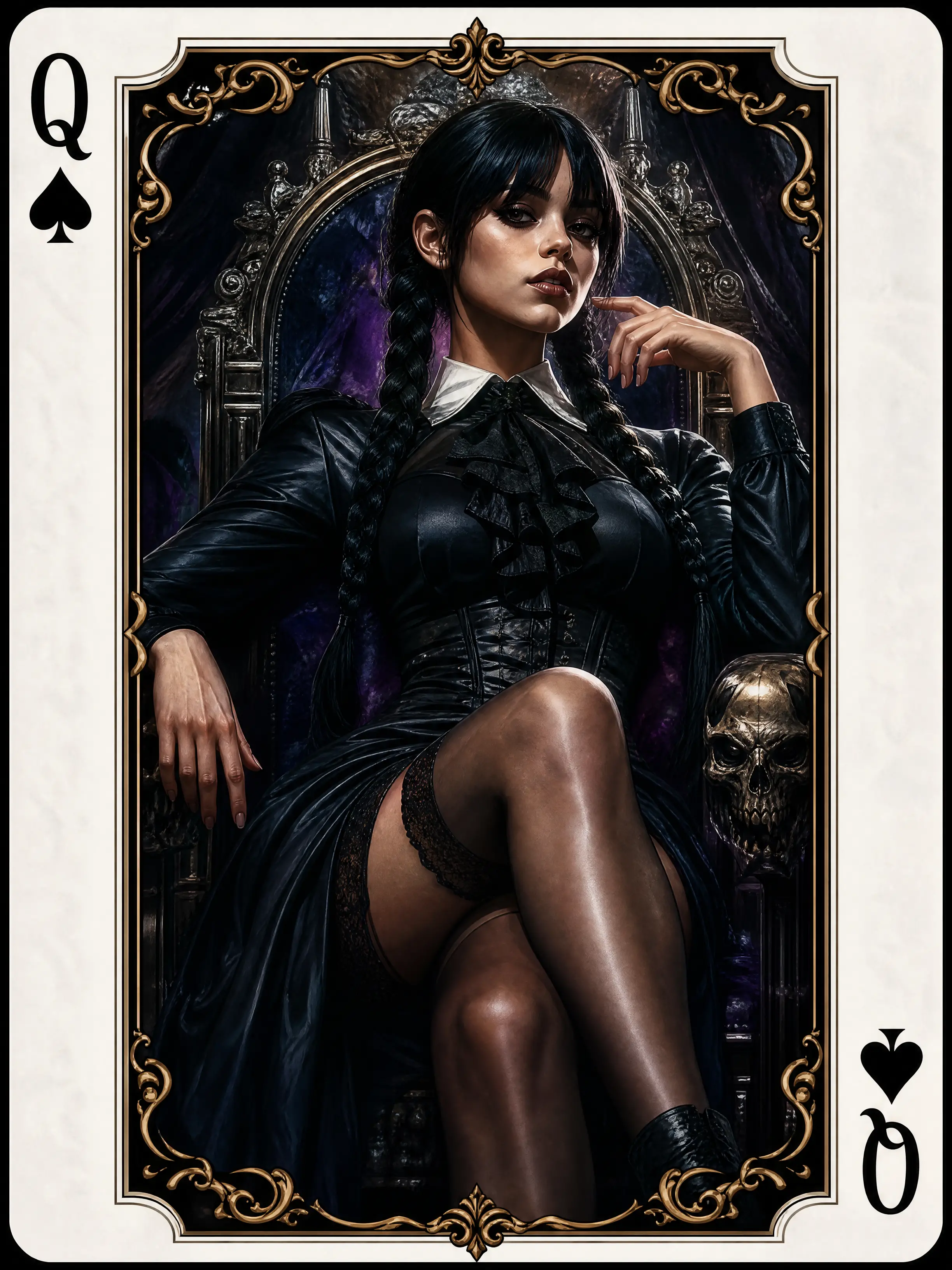 Regal fantasy queen framed within a playing card