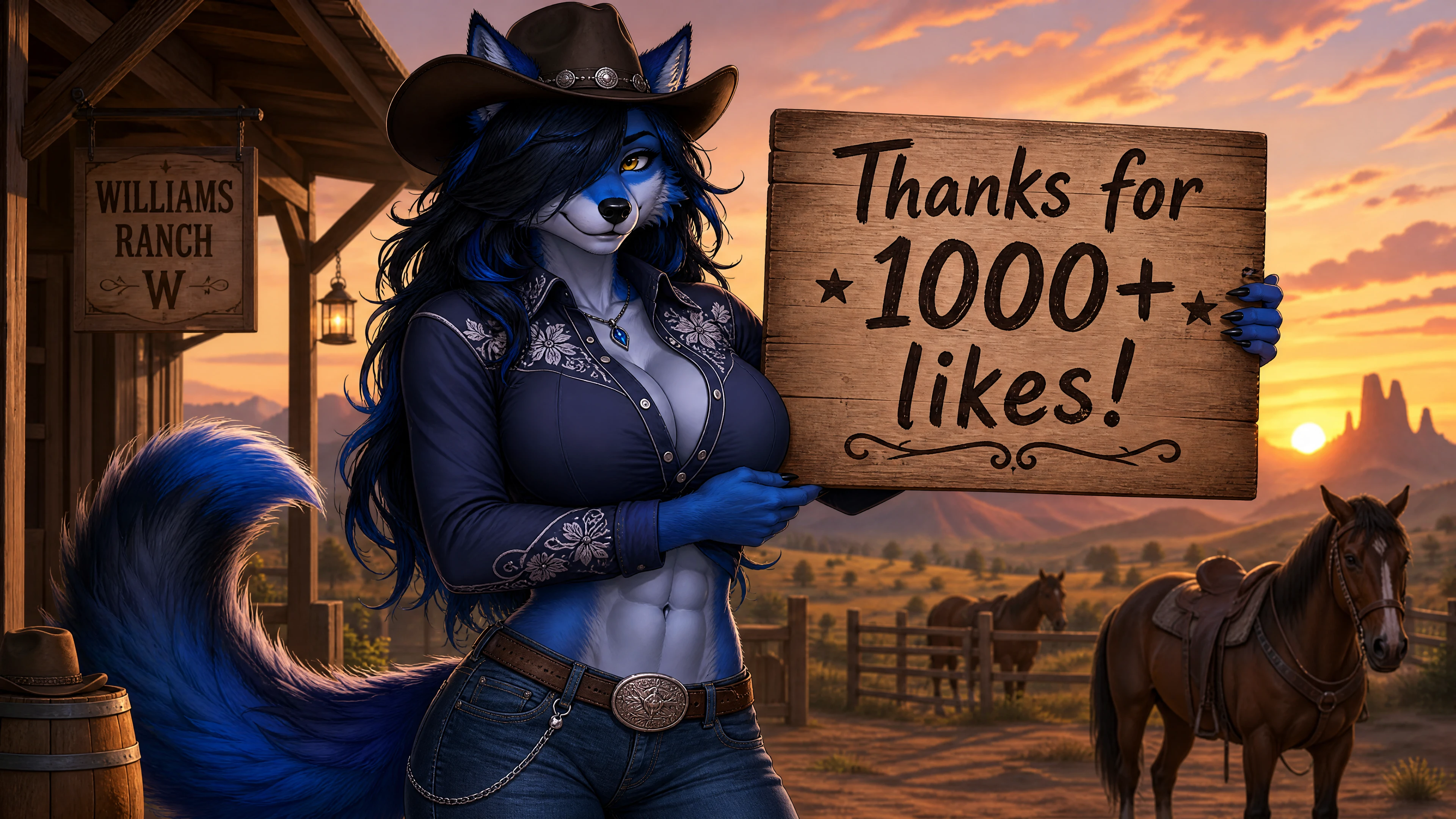 Blaue Wolf-Anthro-Cowgirl mit Dankesschild