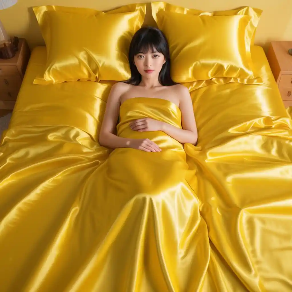 Japanese woman lying on bright yellow satin bed