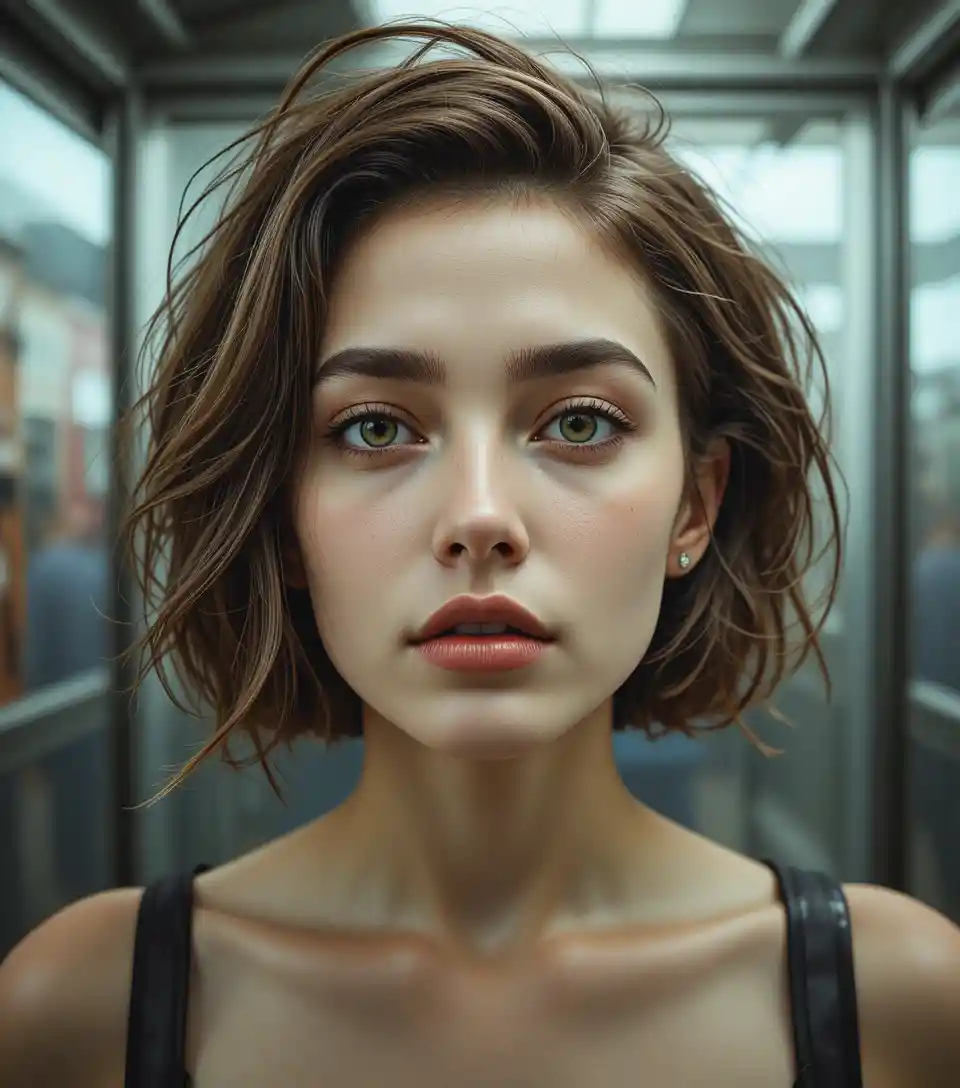 Striking woman portrait in a street photo booth close up